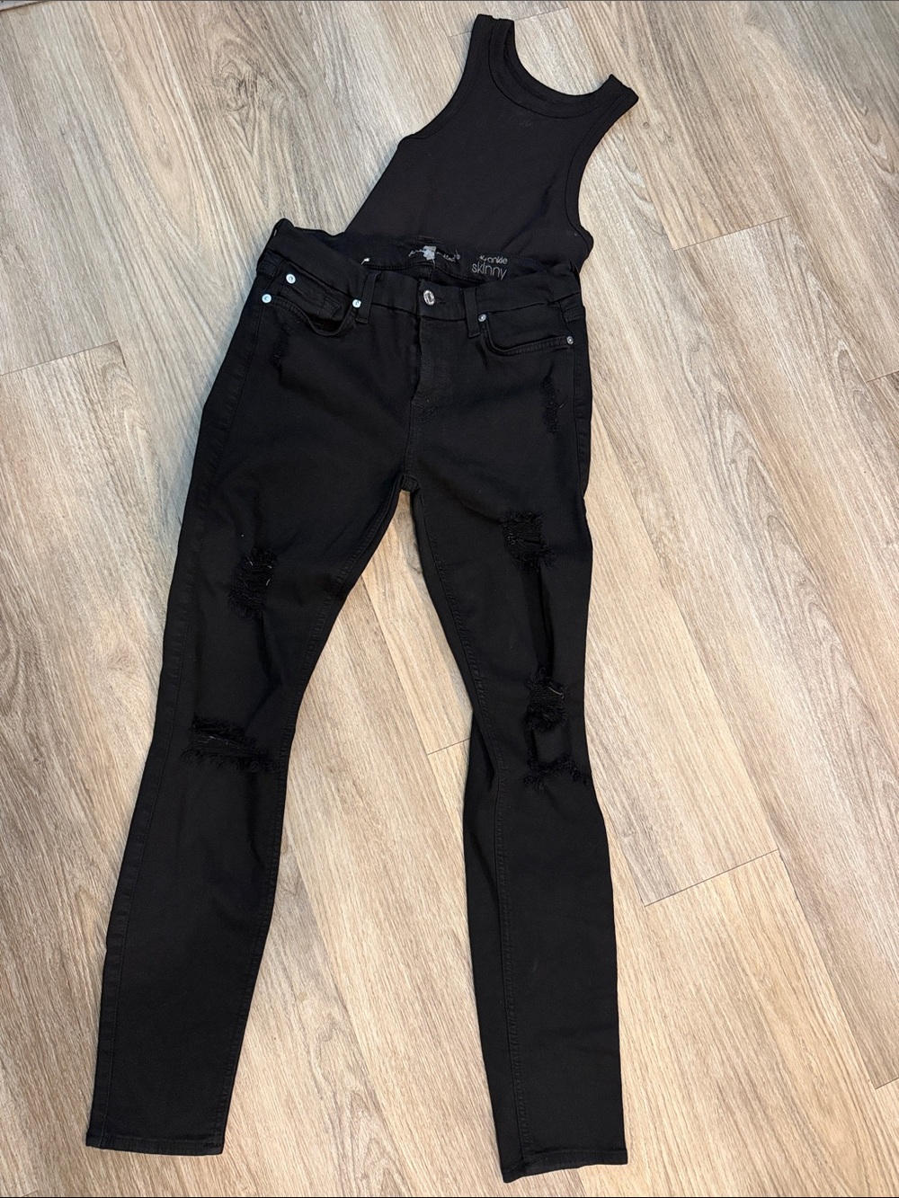 7 For All Mankind Black Ripped Skinny Jeans